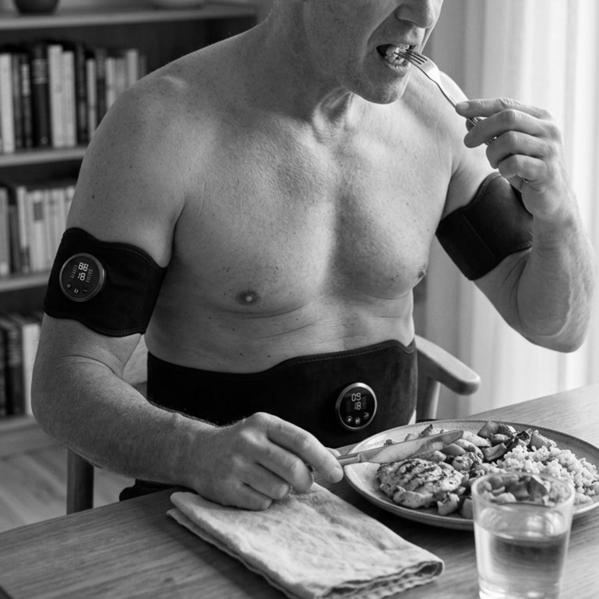 A man resting on a sofa wearing the belt and two arm units