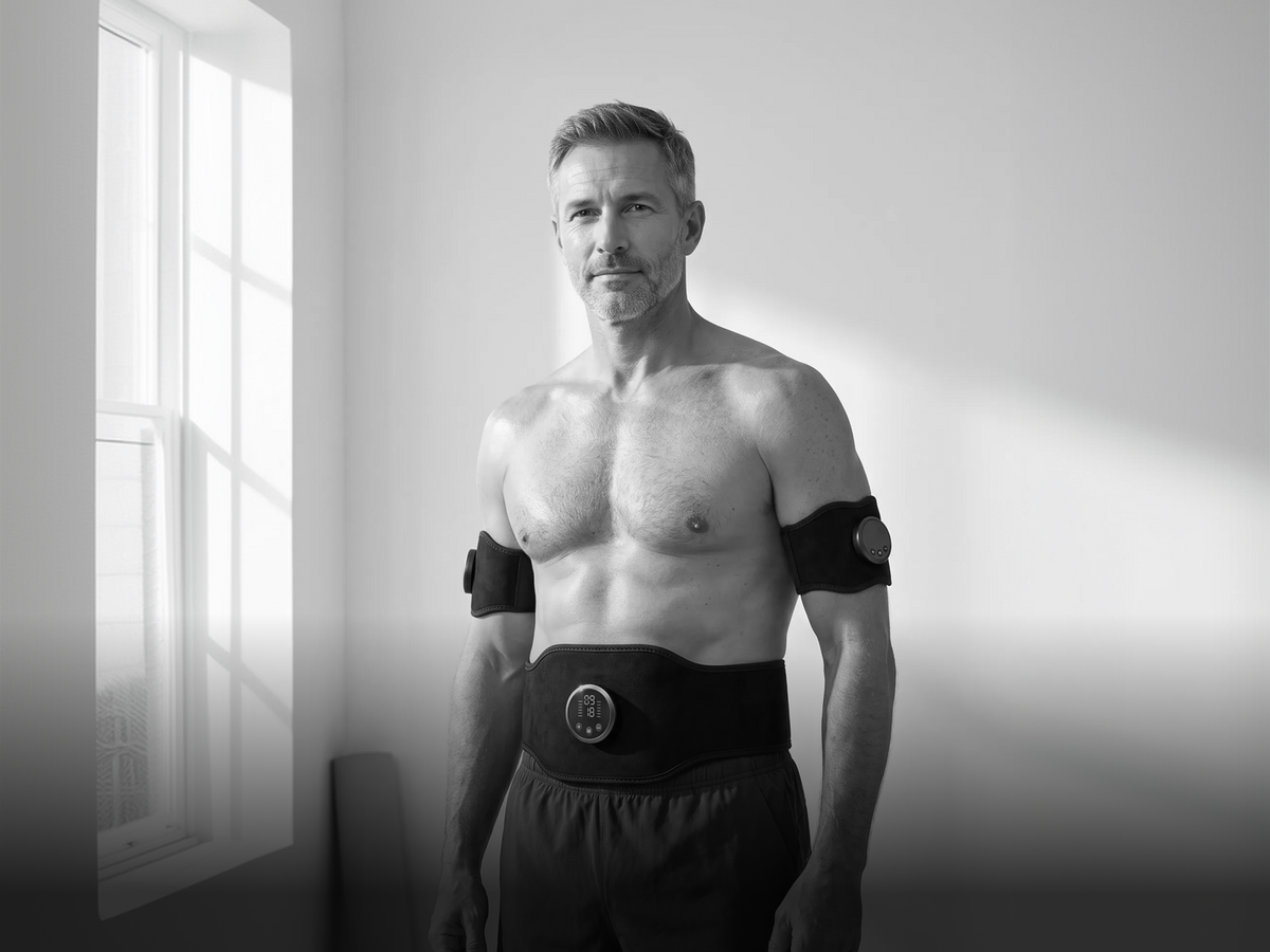 A man seated wearing the core belt and both arm units